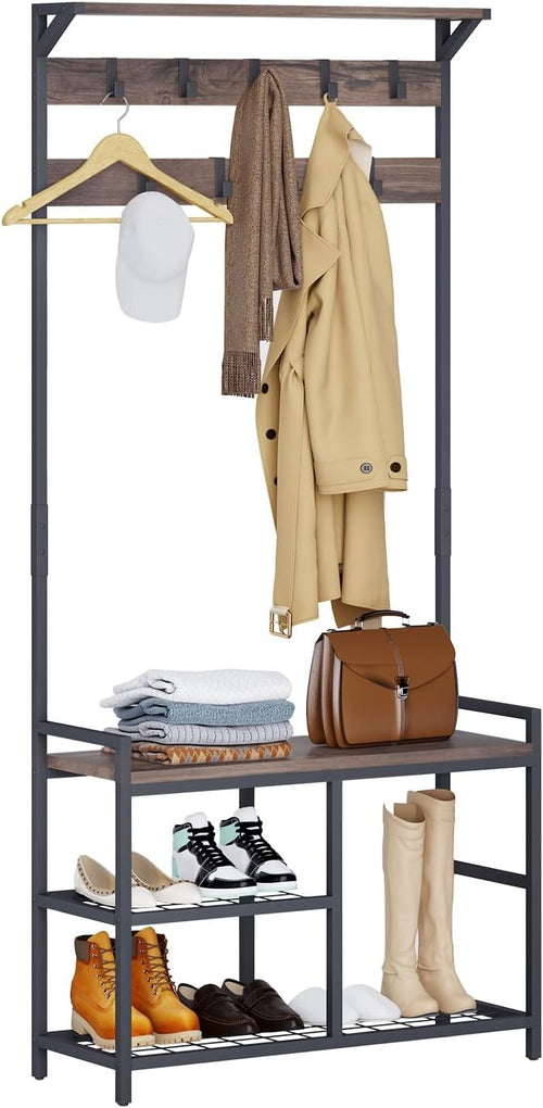Industrial Coat Rack with Shoe Bench & 9 Hooks | Vintage Brown Hall Tree