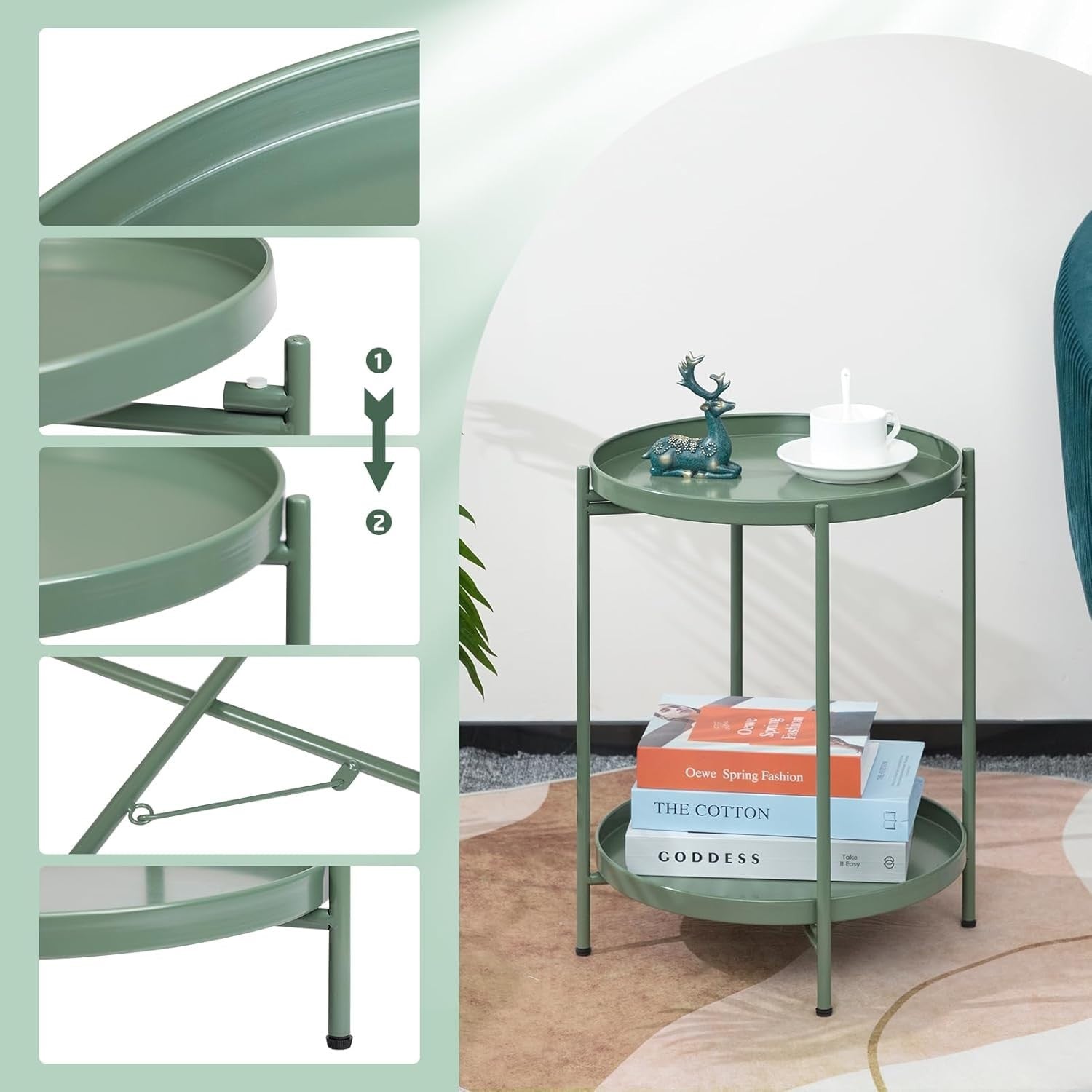 Small Round Metal Side Table 2-Tier Coffee Table Removable Tray Green