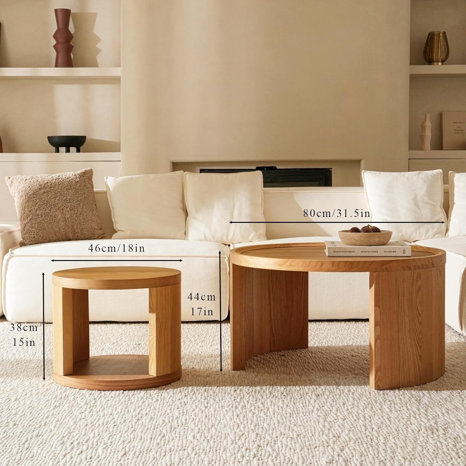 Nesting Coffee Table Set 2 Round Wood Side End Tables Natural Pine Furniture