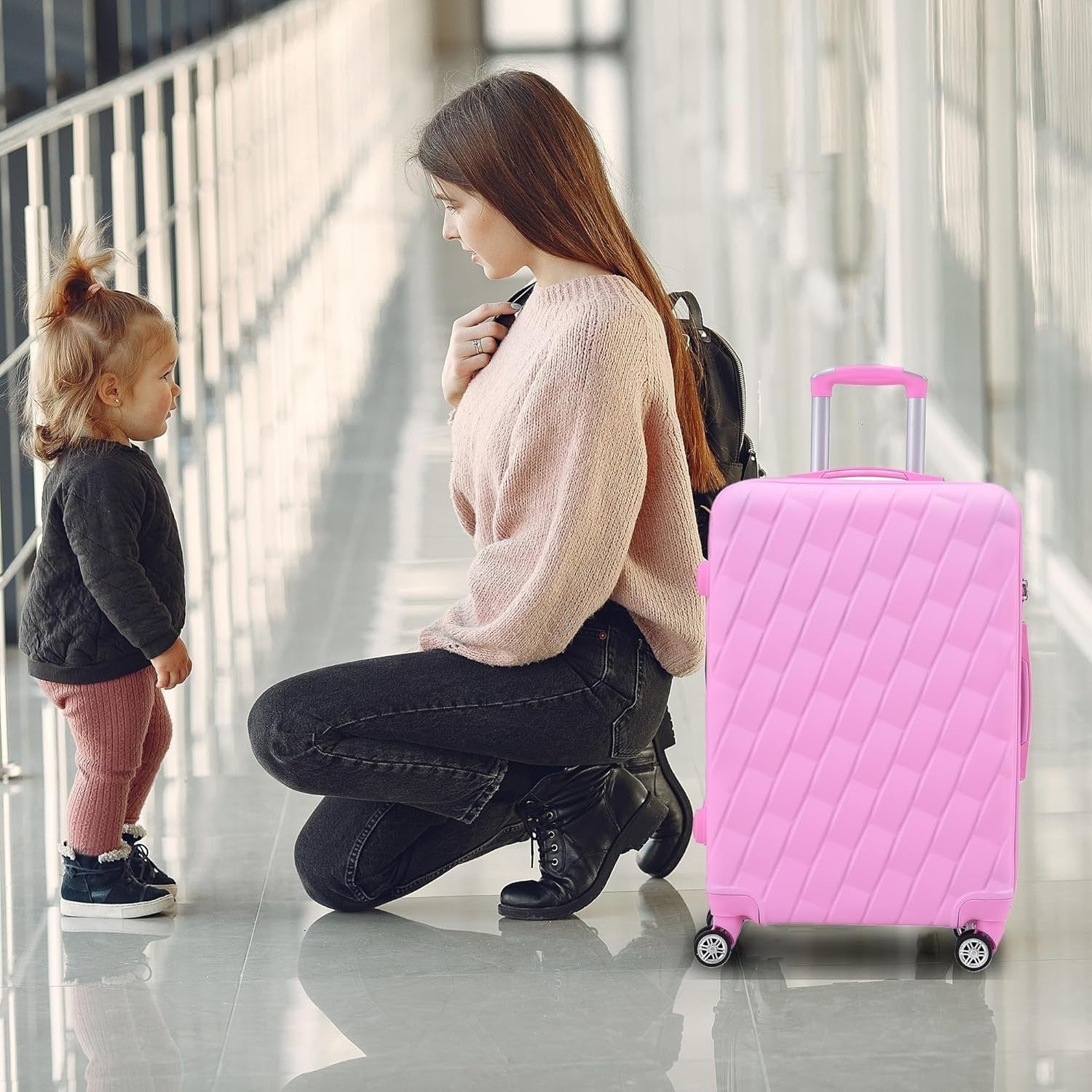 20 Inch Cabin Carry On Hard Shell Suitcase 4 Dual Spinner Wheels Lock Pink