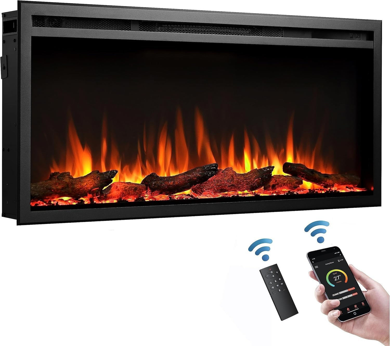 Wall Mount Electric Fireplace Slim Frame 750W-1500W Multi Flame Colors