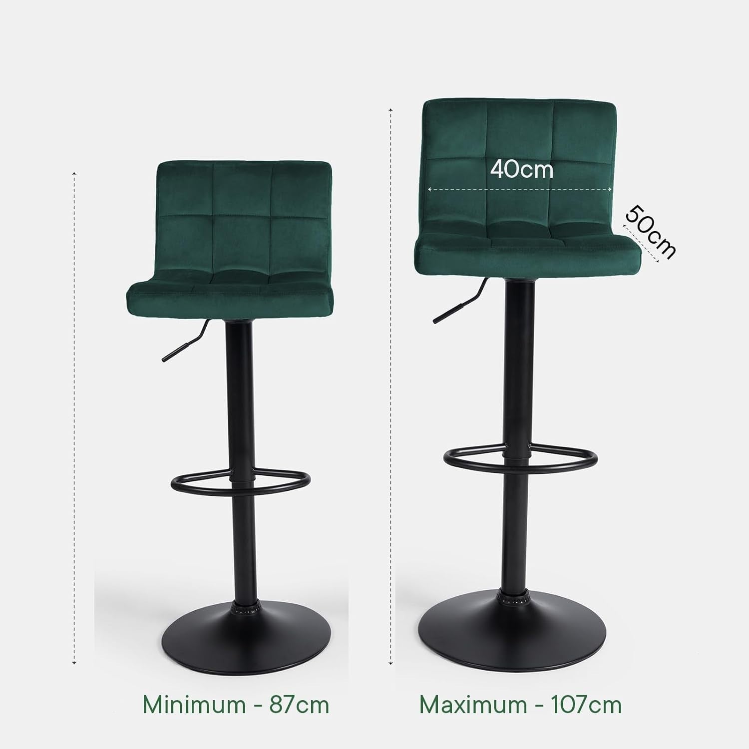 Set of 2 Adjustable Teal Velvet Bar Stools with Swivel & Footrest