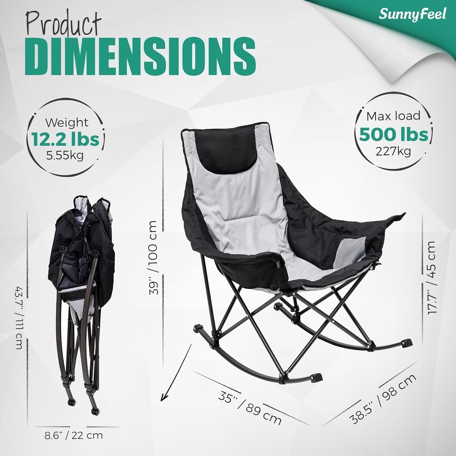 Heavy Duty Folding Rocking Chair Outdoor Recliner with Side Pockets 107x96cm