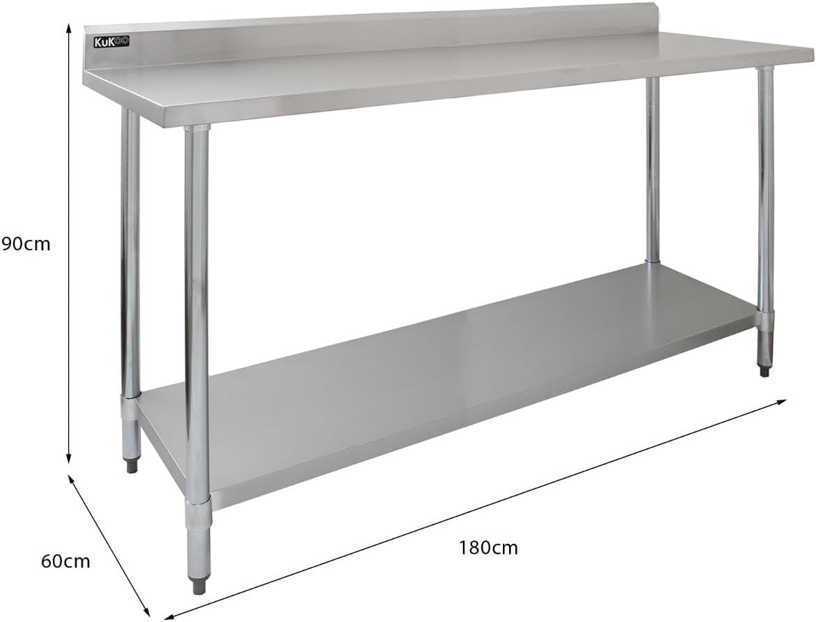 6FT Stainless Steel Catering Bench + 2 Wall Shelves Prep Table 250kg Backsplash