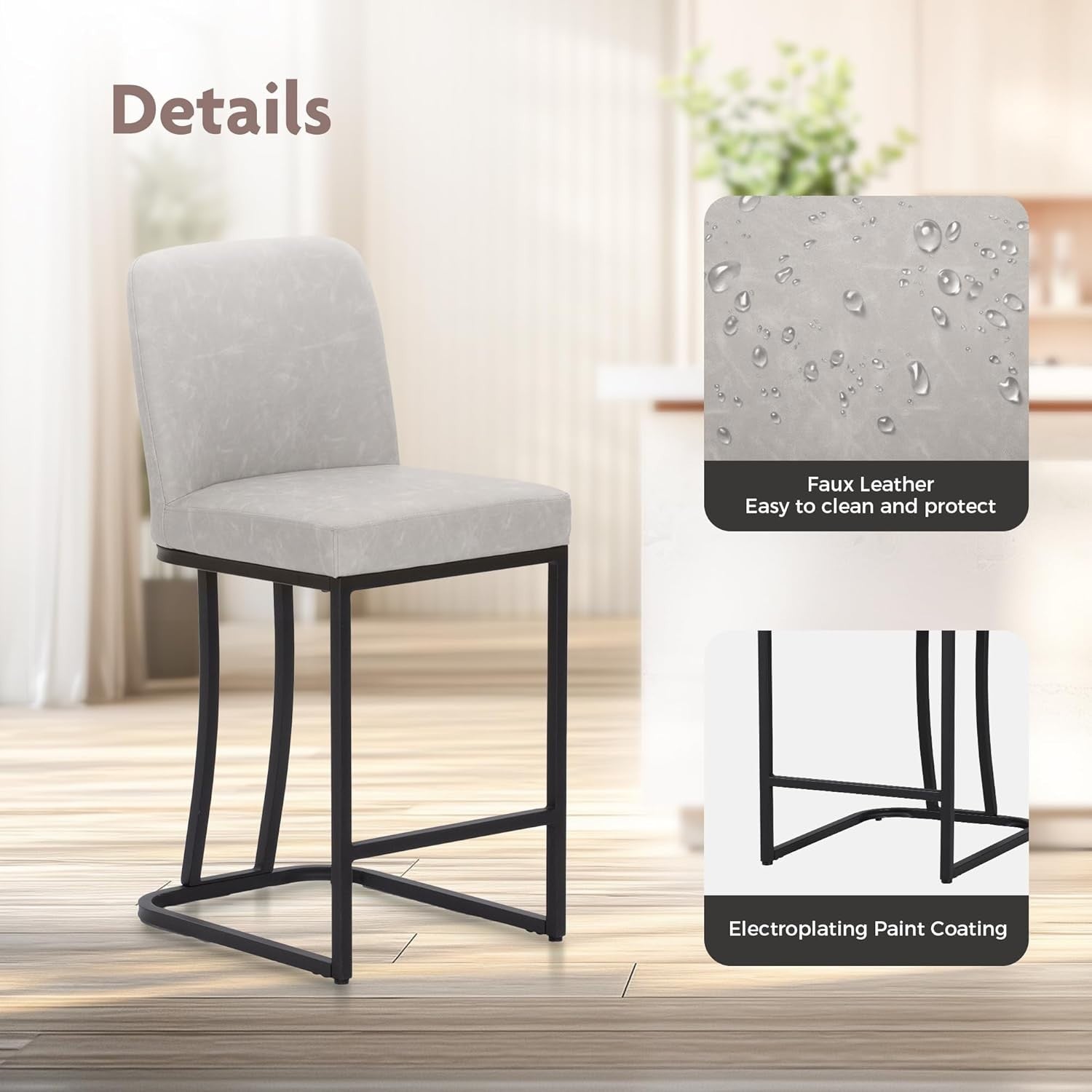 Set of 2 Light Grey PU Leather Bar Stools Modern Kitchen Counter Chairs