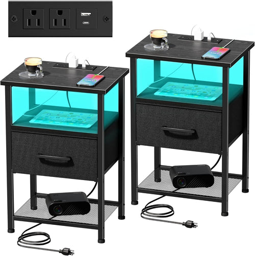 Set of 2 Smart LED Bedside Tables with Drawer, USB & Power Ports