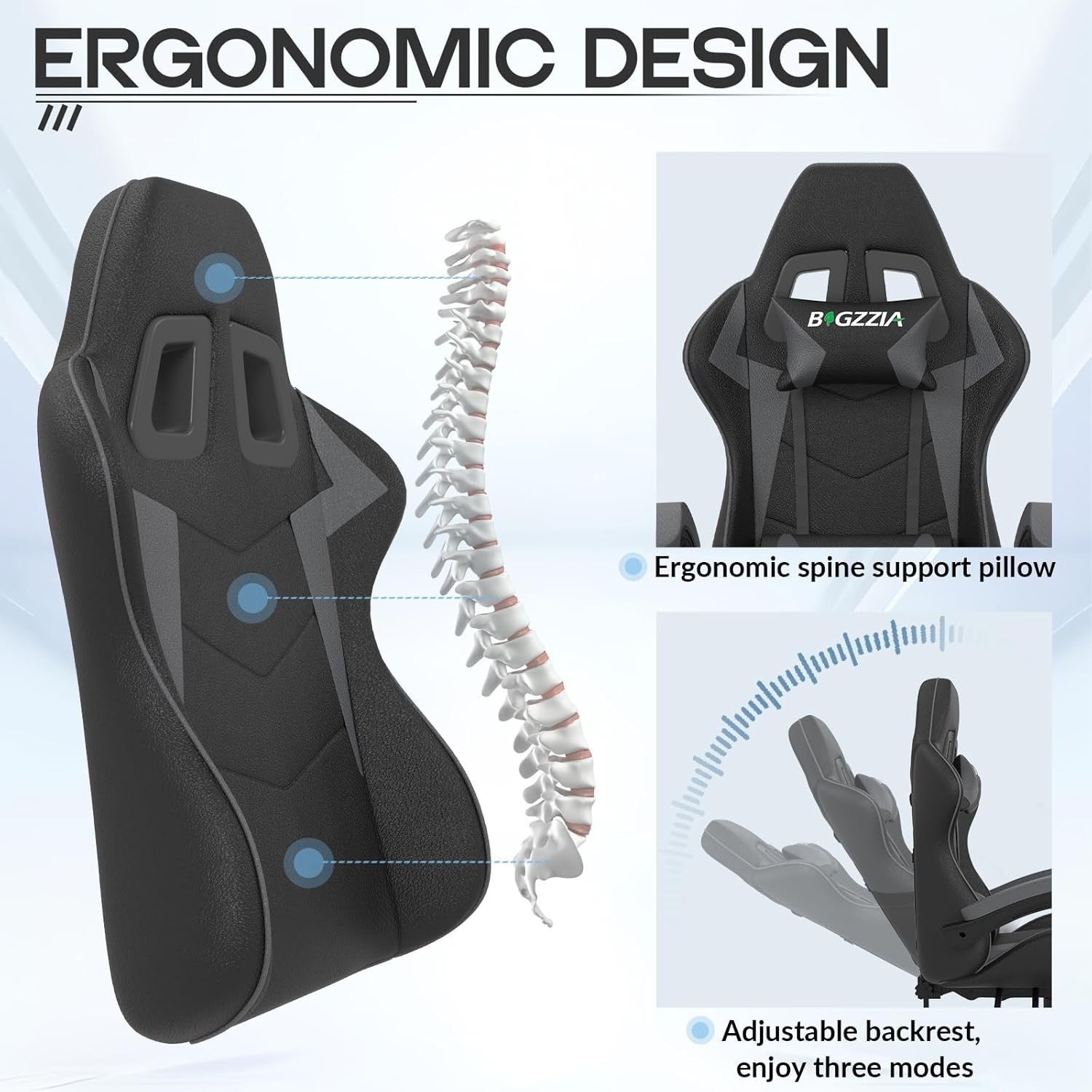 Ergonomic Gaming Chair Grey Reclining Adjustable Office PC Seat