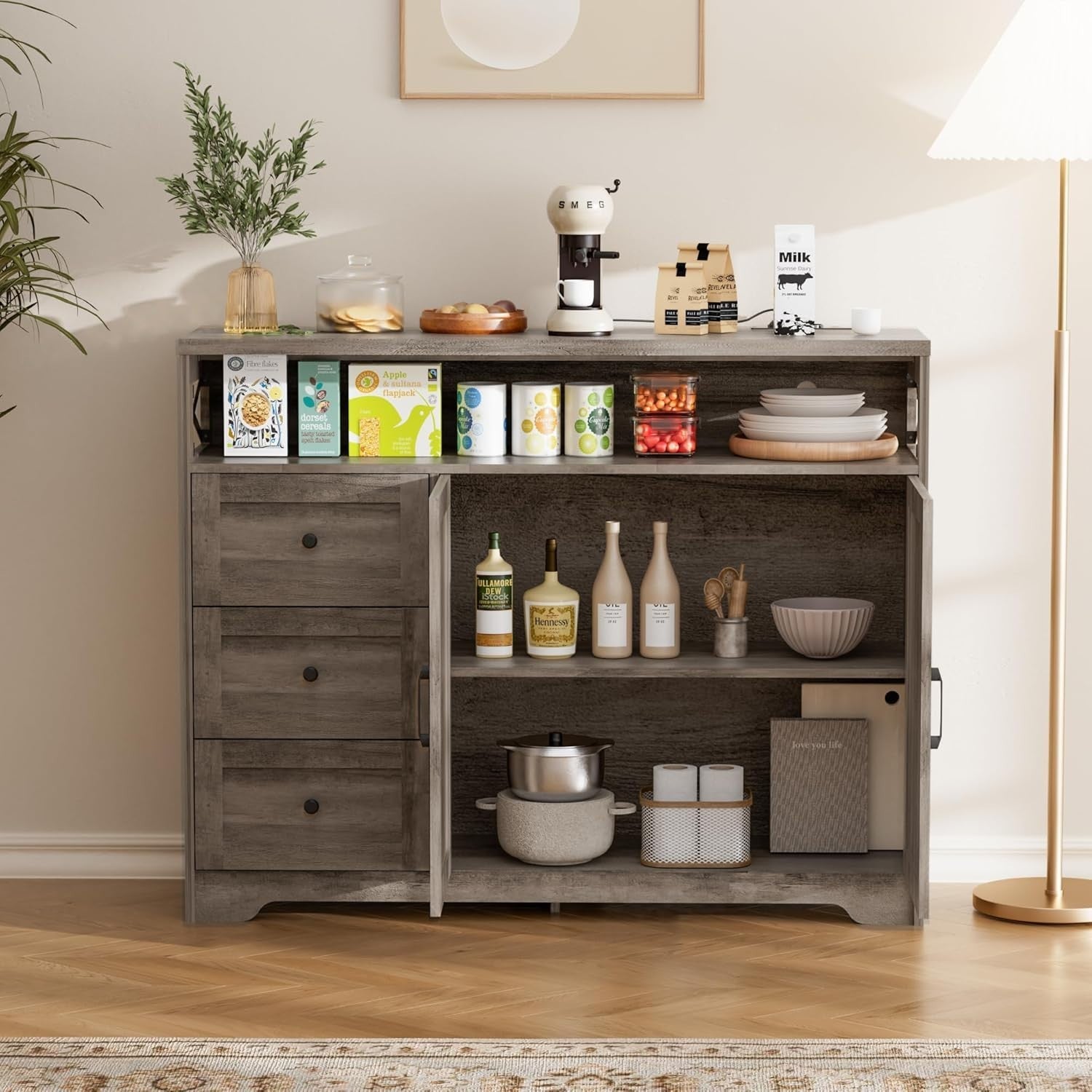 Grey Sideboard Cabinet 95cm Storage Unit Drawers Adjustable Shelf Charging Hub