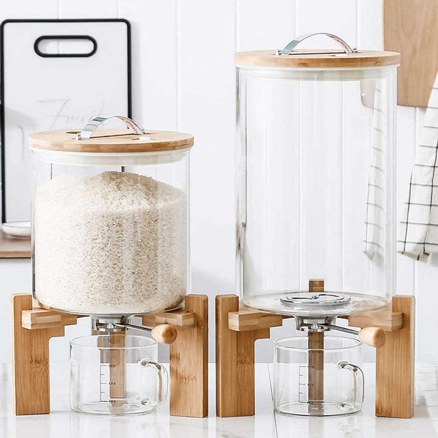 Glass Rice Dispenser 8L Airtight Storage Container Wooden Stand Bin