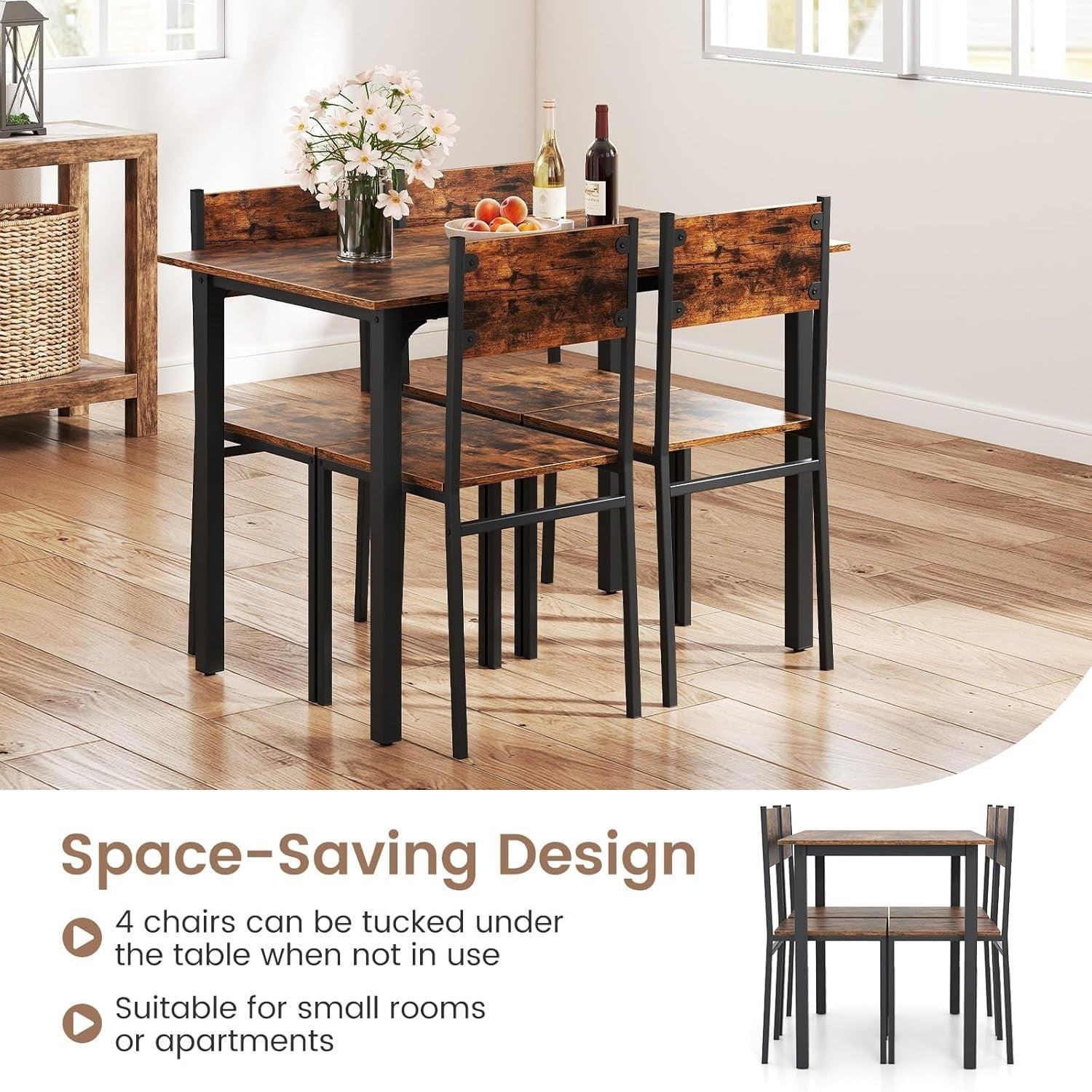 4 Seater Dining Table Set Chairs Wood Metal Kitchen Small Space Modern