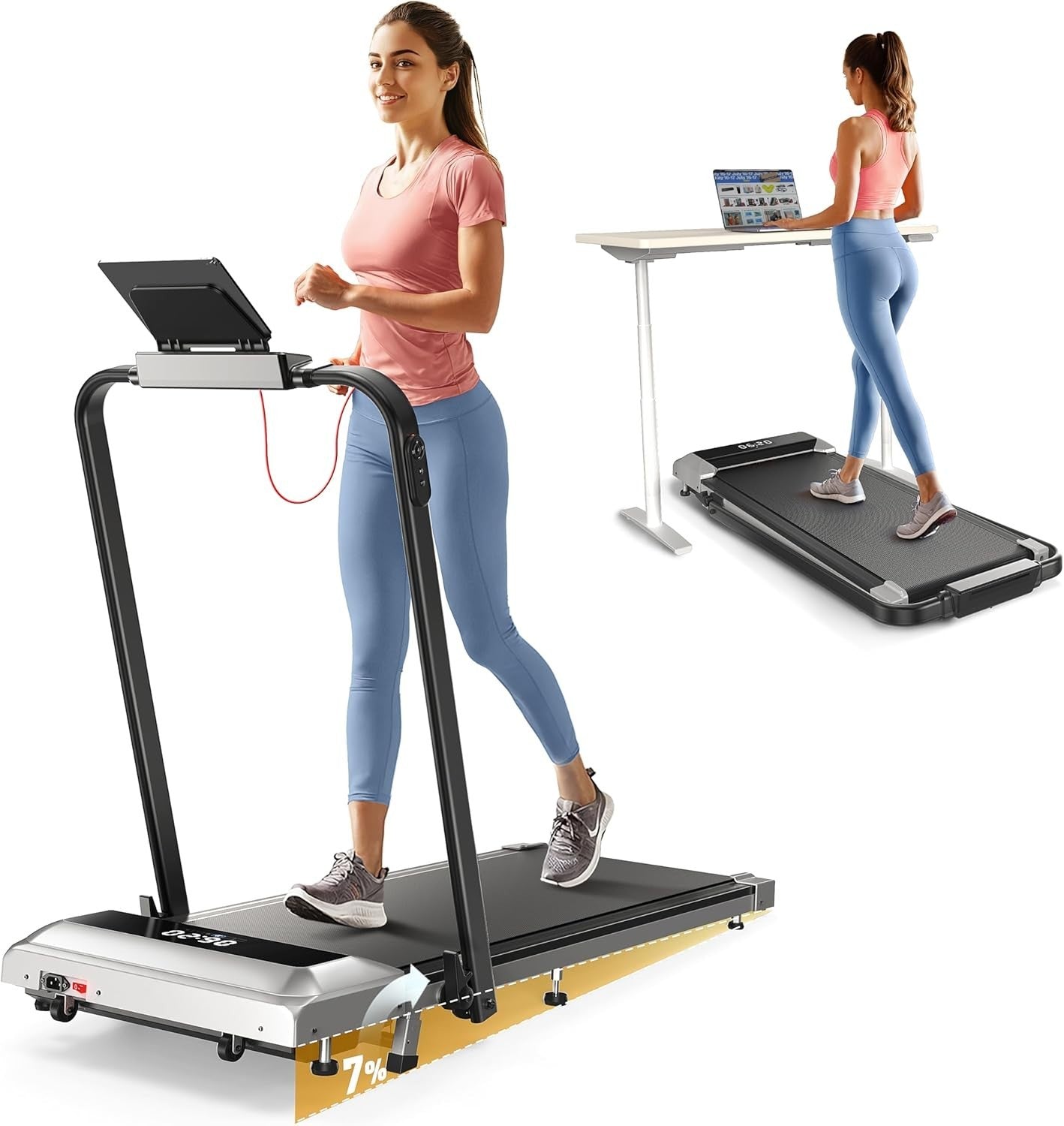 3-in-1 Folding Treadmill 12km/h Under Desk Walking Pad 7% Incline LED Remote