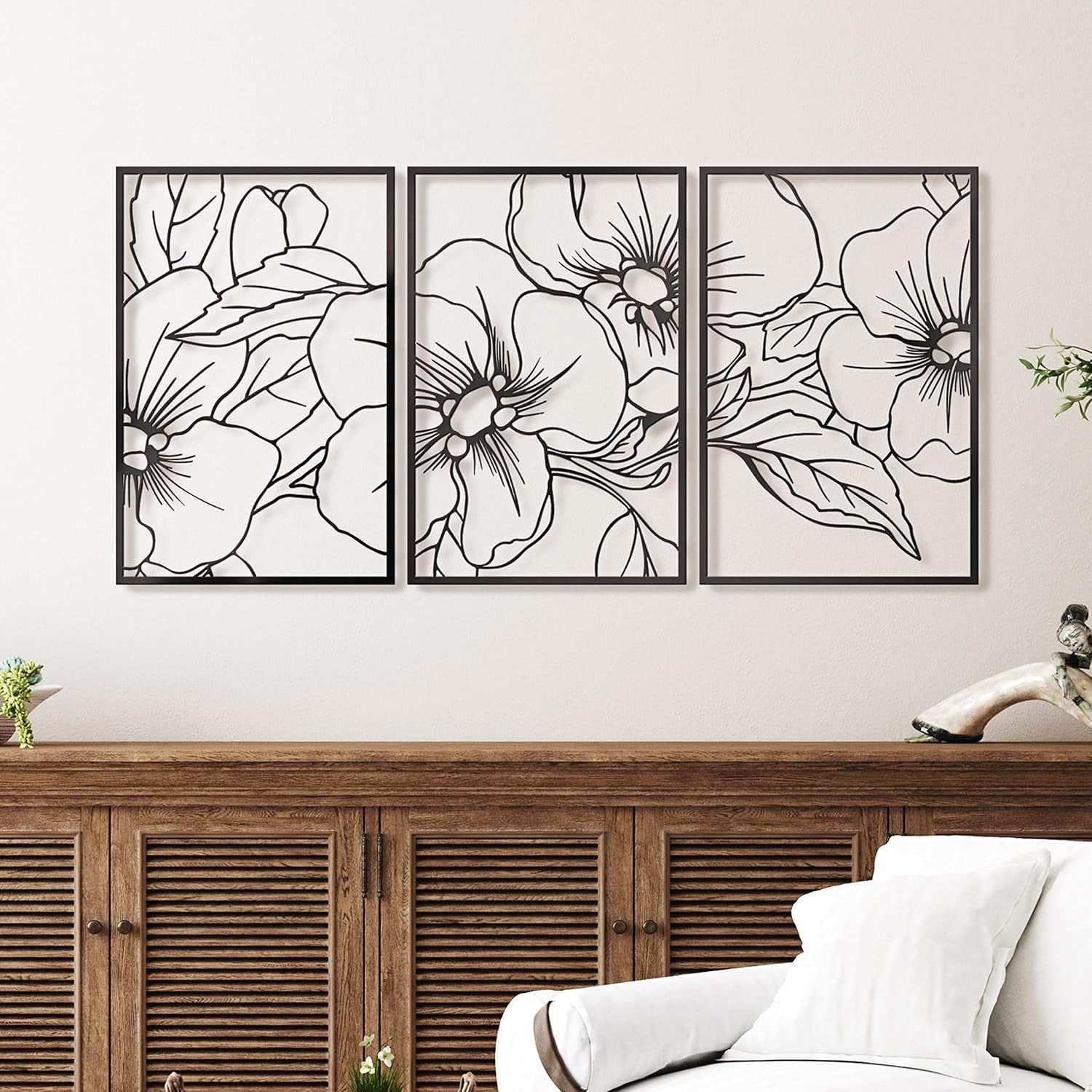 Black Minimalist Floral Wall Art 18x12in 3-Pack Metal Decor