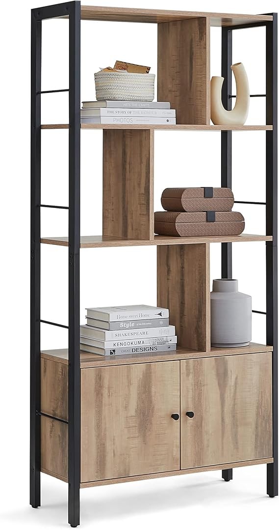 4-Shelf Industrial Bookshelf Rustic Oak Metal Wood Storage Unit with Cabinet