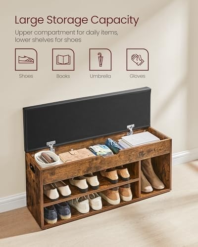 Rustic Brown Shoe Storage Bench, Cushion 3 Compartments Hidden Seat 100x30x44