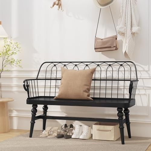 Black Farmhouse Entryway Bench with Back & Metal Spindle Indoor Seating
