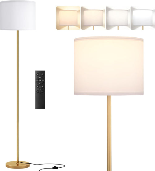 LED Floor Lamp with Remote Dimmable Gold Standing Light White Shade
