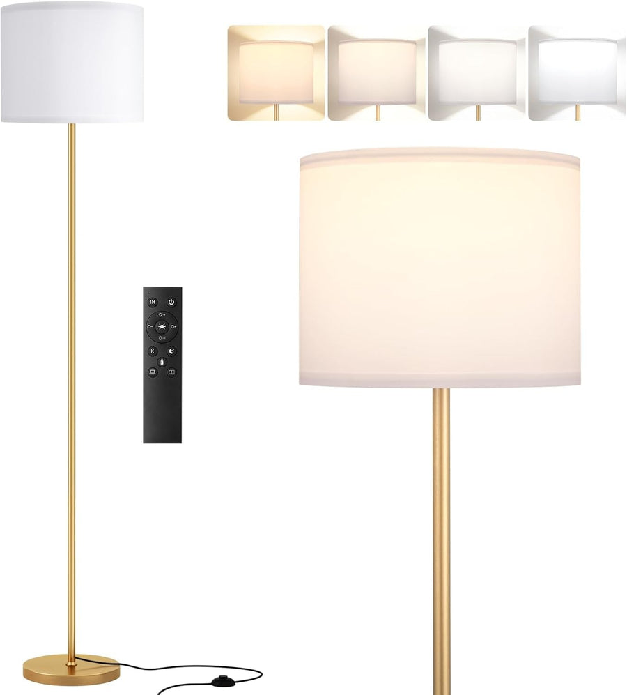 LED Floor Lamp with Remote Dimmable Gold Standing Light White Shade