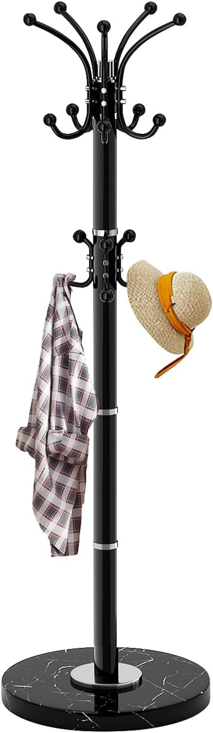 Modern 360° Rotating Metal Coat Rack with Marble Base | 14 Hook Stand