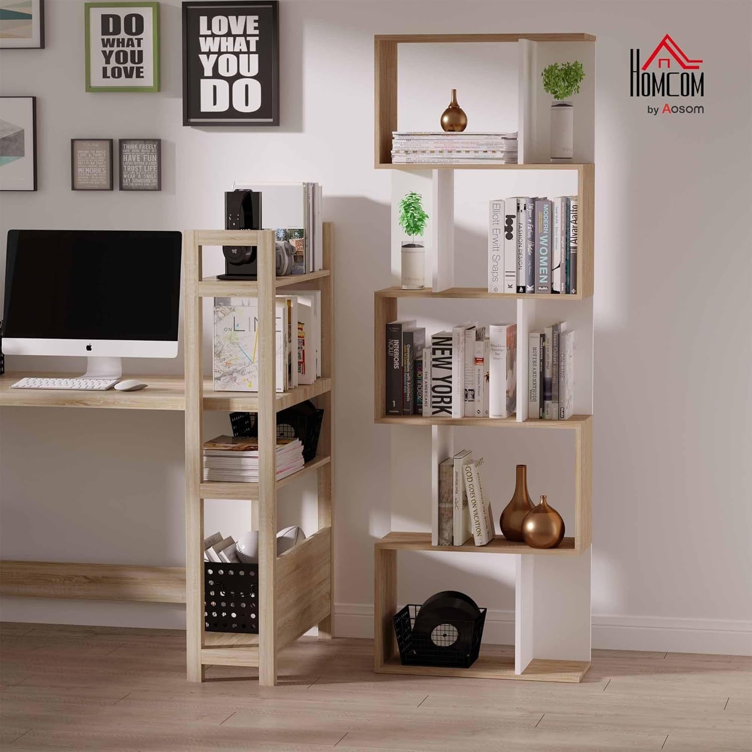 Modern S-Shape 6-Tier Freestanding Bookcase Oak & White – Stylish Display Shelf