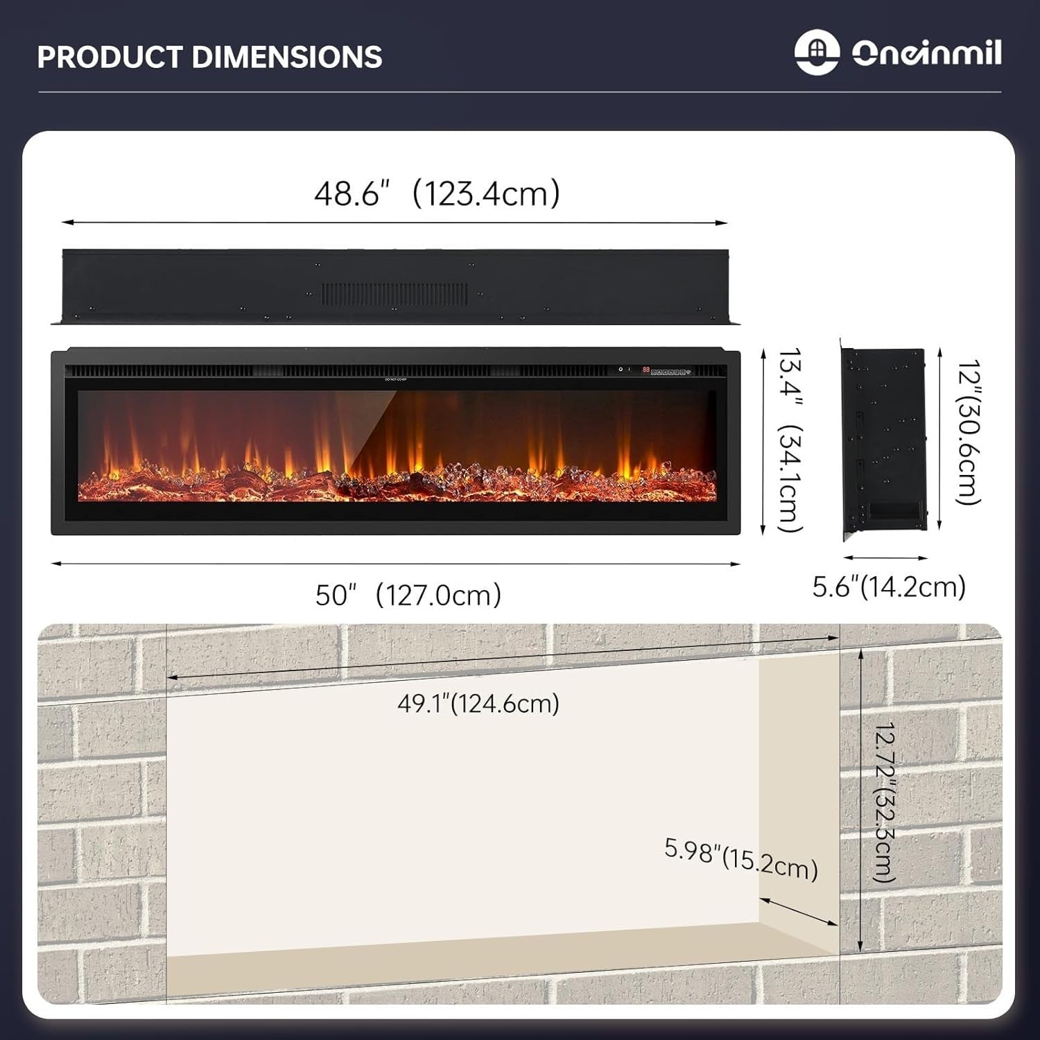 50" Electric Wall Fireplace Recessed Heater LED Log Flame Remote WiFi
