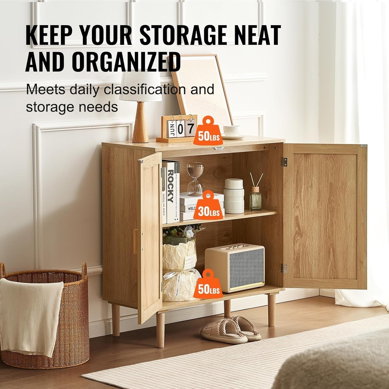 Rattan Storage Cabinet Sideboard Unit 2 Door Adjustable Shelf Boho Style