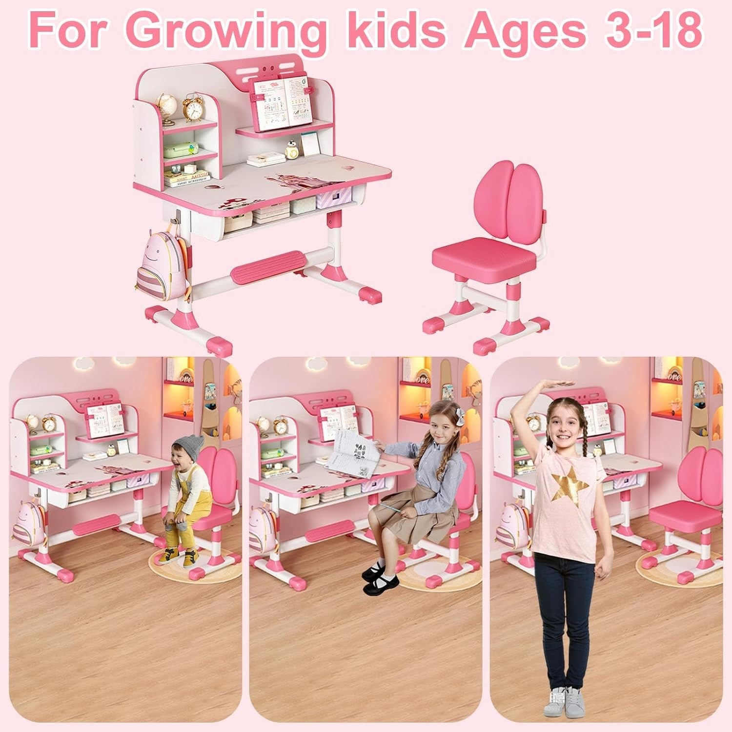 Adjustable Kids Study Table & Chair Set with Bookshelf, Drawer, Pink