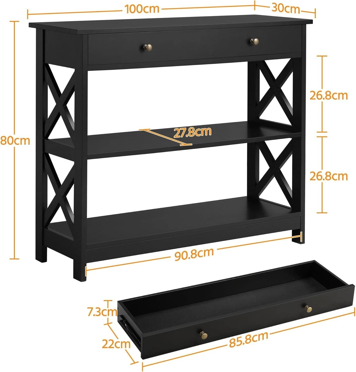 Console Table with Drawer & Shelf, 3-Tier Entryway Sofa Side Table, 100x30x80cm