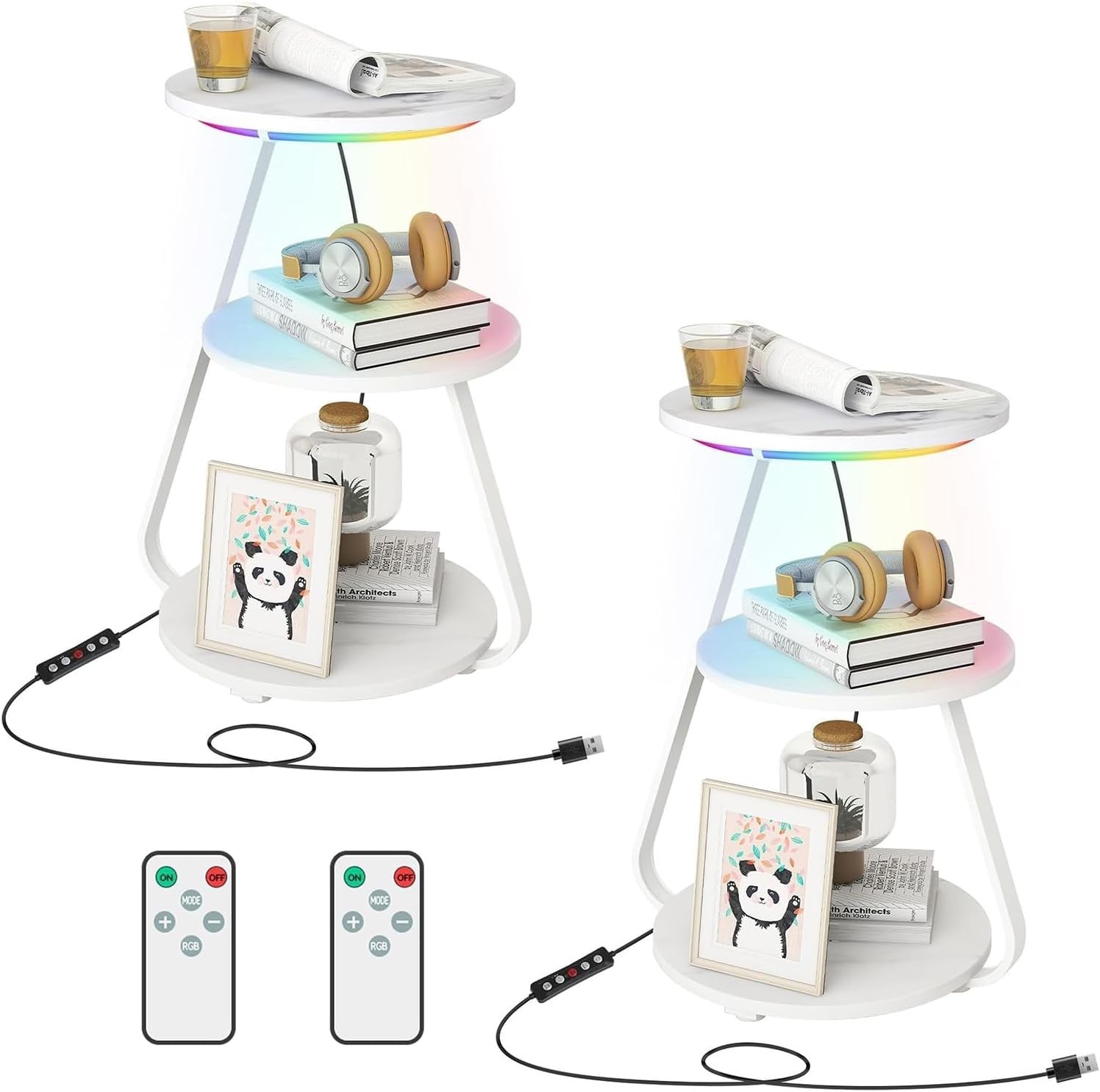 Set of 2 Round Side Tables with 6-Color LED & 3-Tier Storage – Modern Design