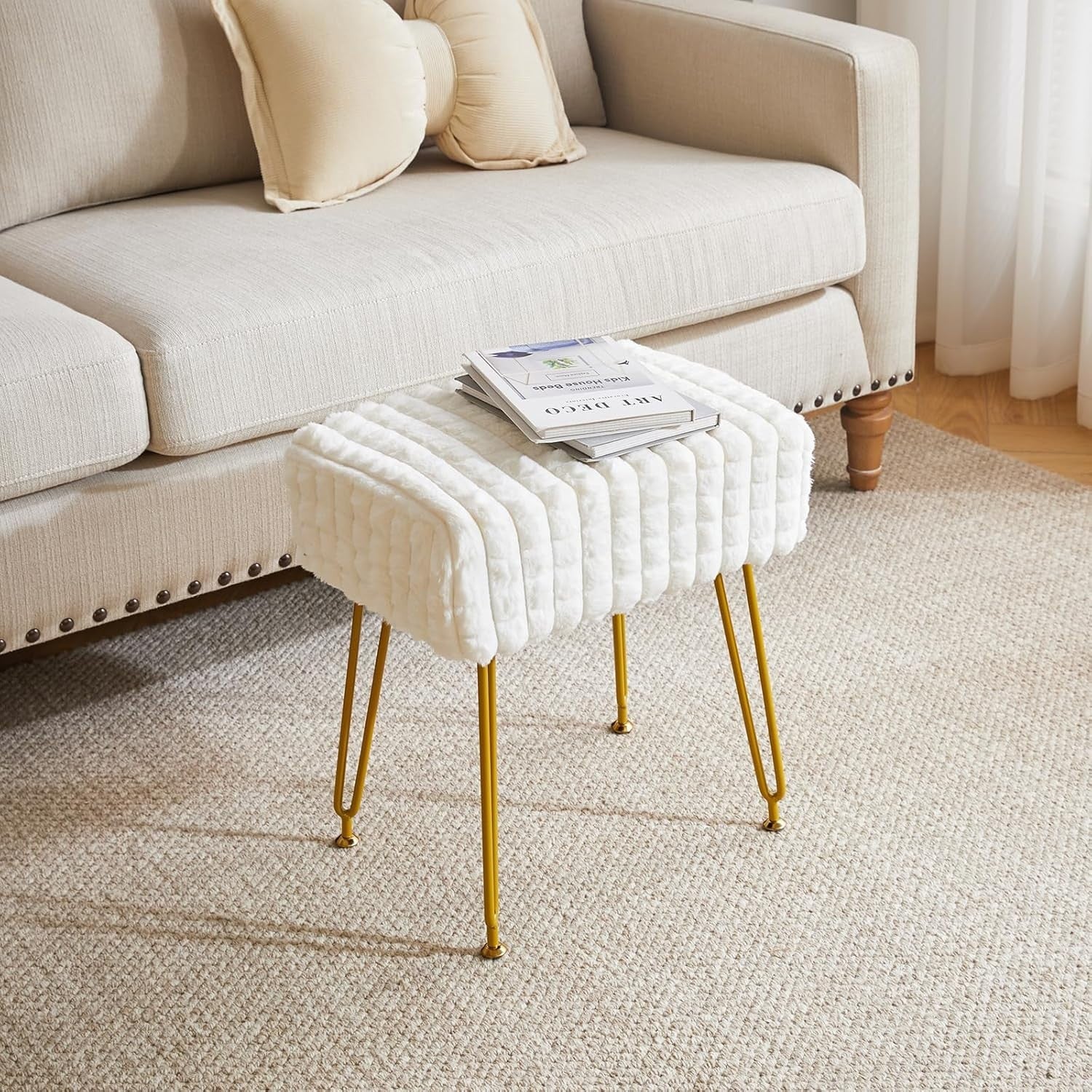 White Velvet Footrest Stool Ottoman – Golder Legs, Compact Vanity Seat