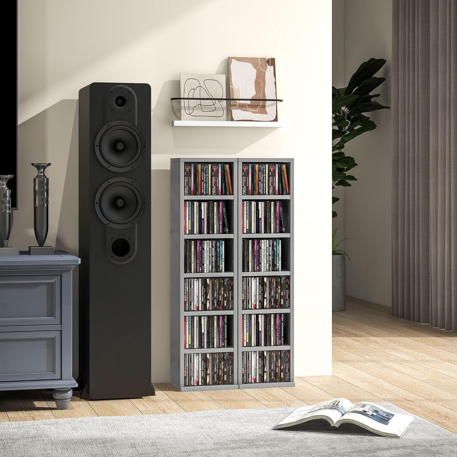 Set of 2 High Gloss Grey Media Storage Towers – Adjustable CD DVD Blu-Ray Racks