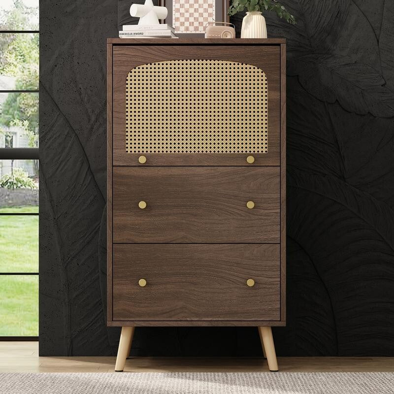 Rattan Drawer Cabinet Sideboard with Flip Door Storage Unit Bedroom 113cm