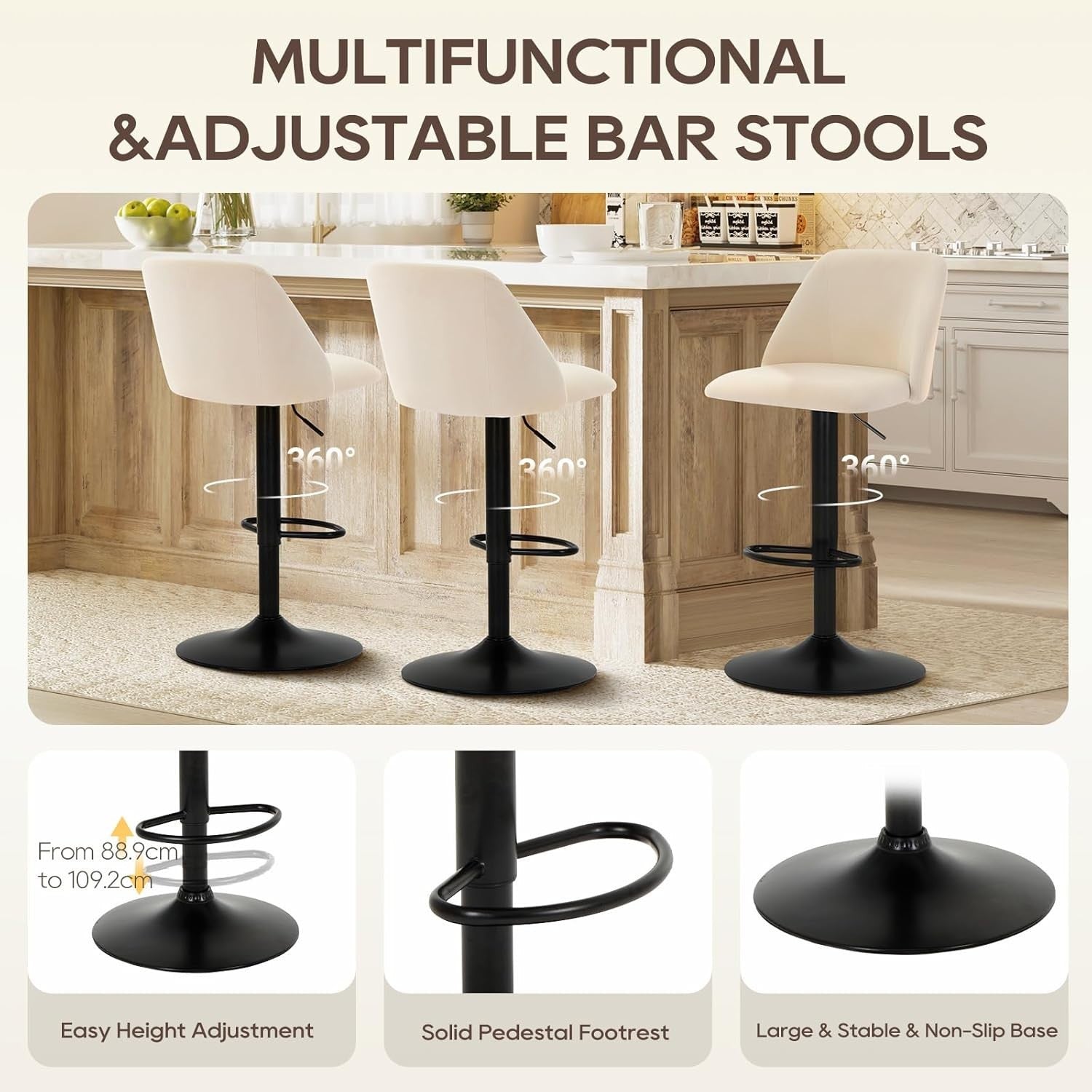 Adjustable Swivel Bar Stools Set of 2 | Square Fabric Seat, Metal Base