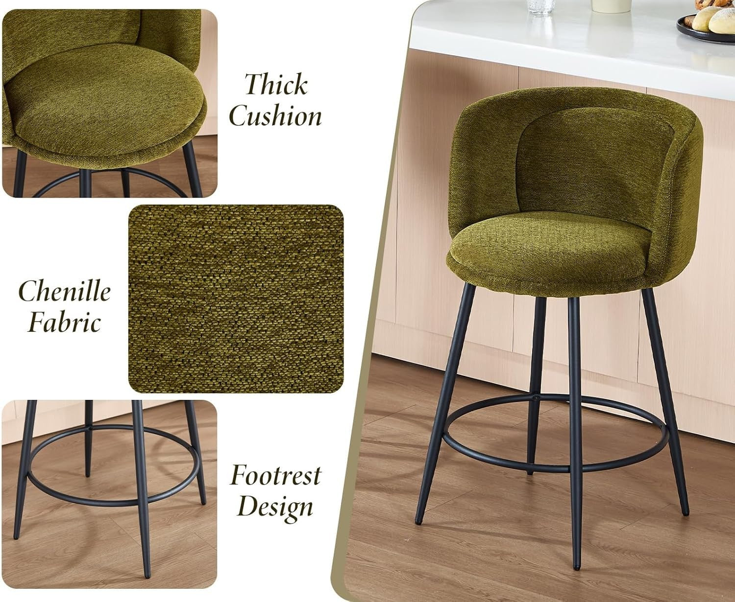 Counter Bar Stools Set of 2 | Green Chenille L-Shaped Dining Chairs