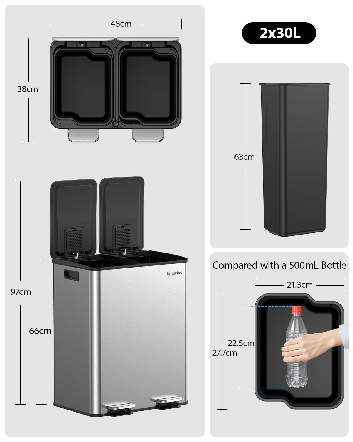 60L Double Kitchen Bin 2x30L Stainless Steel Recycling Pedal