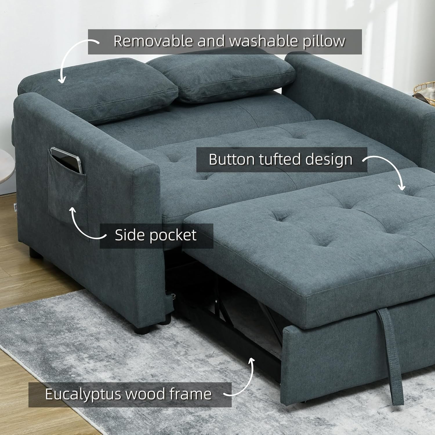 2 Seater Sofa Bed Grey – Pull Out Guest Bed with Storage & Cushions