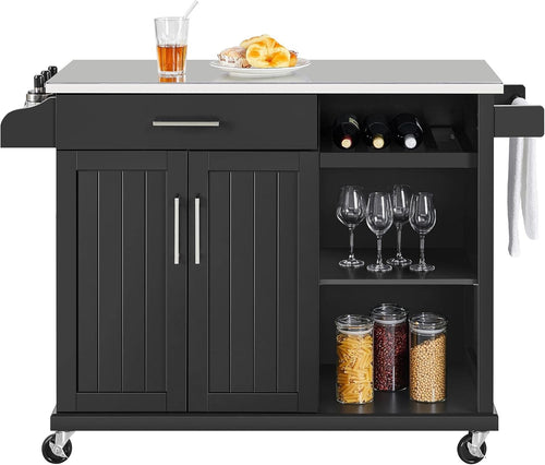 Kitchen Island Trolley on Wheels with Stainless Steel Top Drawer Wine Rack