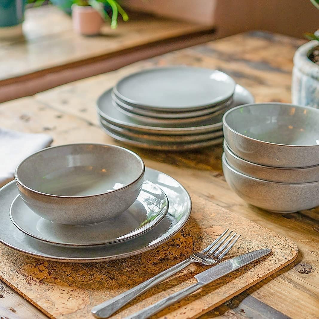 12pc Stoneware Dinner Set Grey Nordic Plates Bowls Microwave Dishwasher Safe