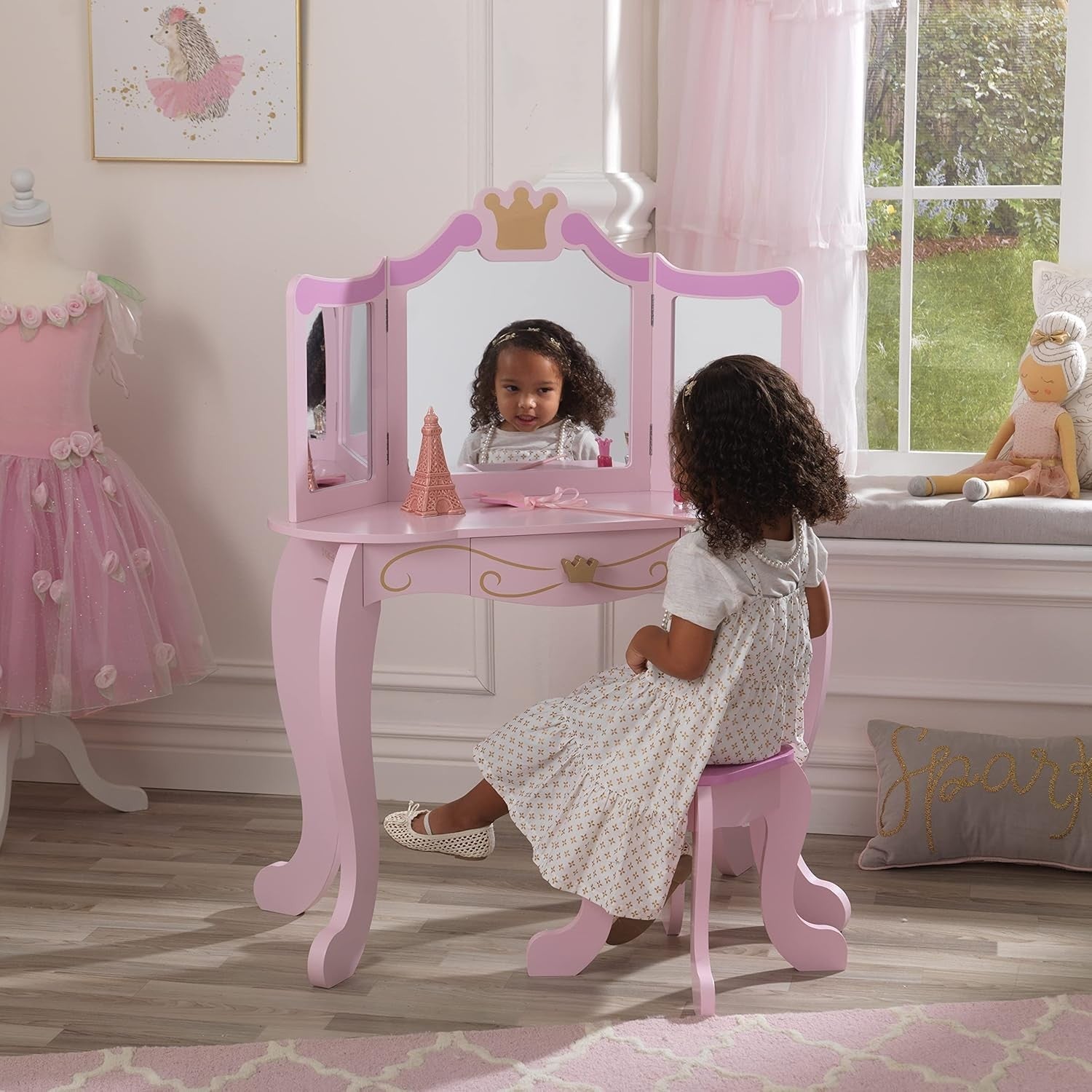 Kids Wooden Princess Vanity Table with Mirror, Stool & Storage Drawer