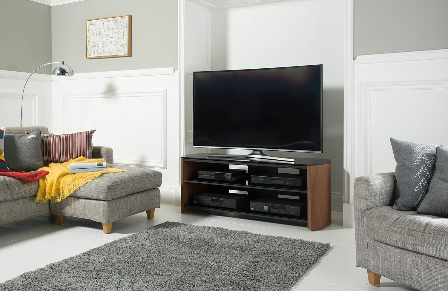Adjustable Walnut TV Stand with Safety Glass & Cable Management, Fits 135cm TVs