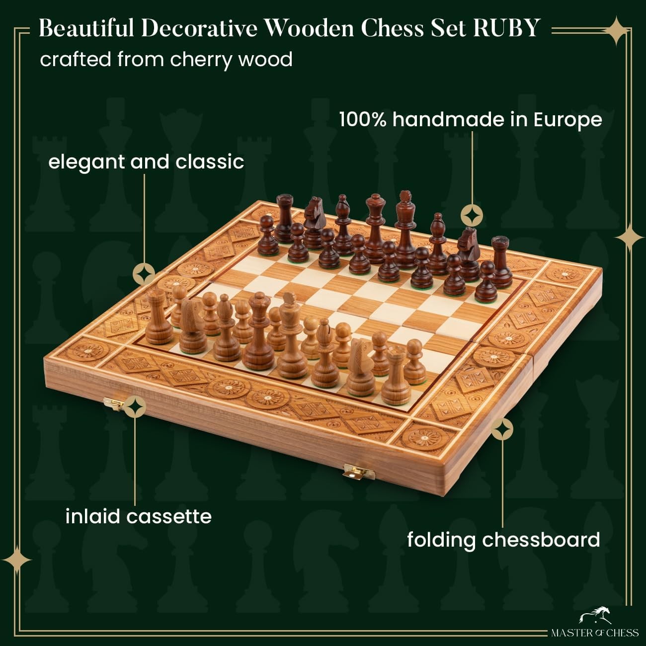 42cm Handcrafted Wooden Chess Set RUBY | Sculpted Pieces | Luxury Foldable Board