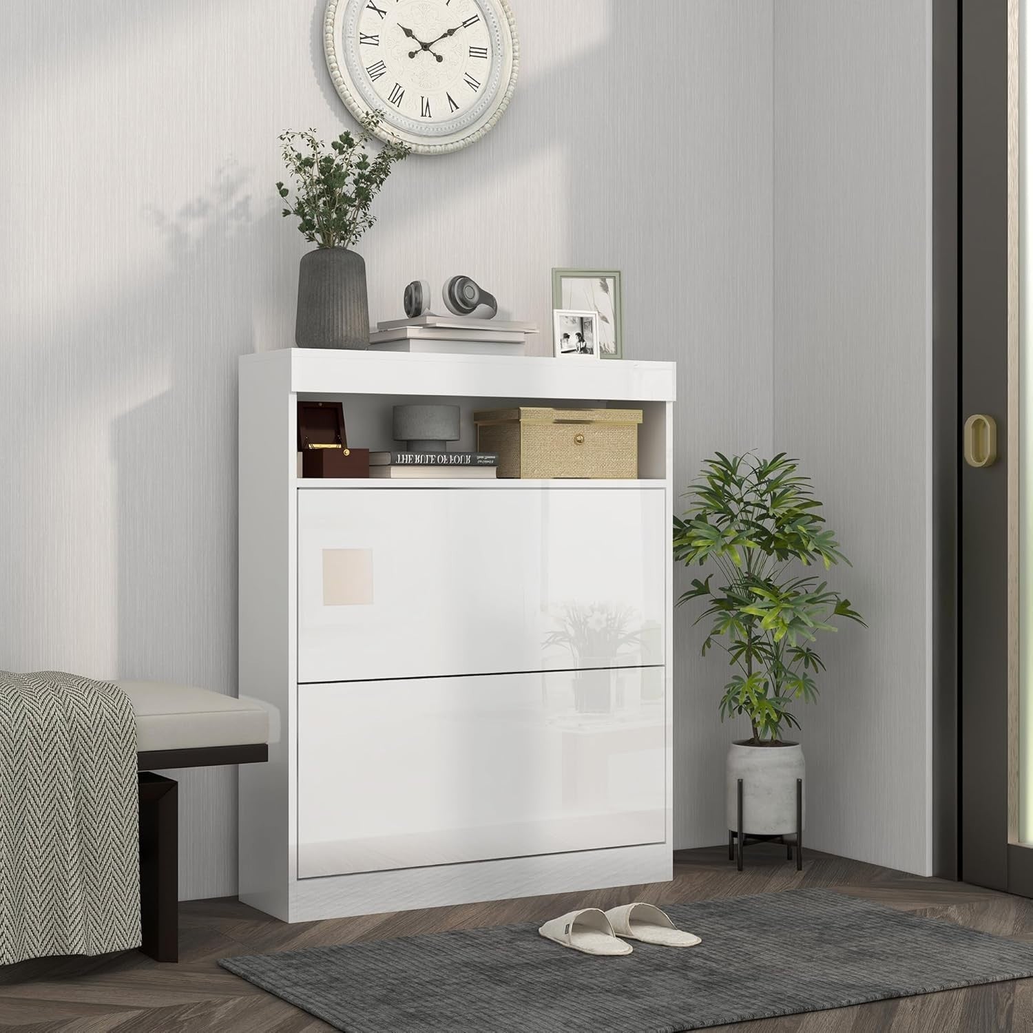Slim Shoe Cabinet 12-16 Pair Storage with Flip Drawers & Adjustable Shelves