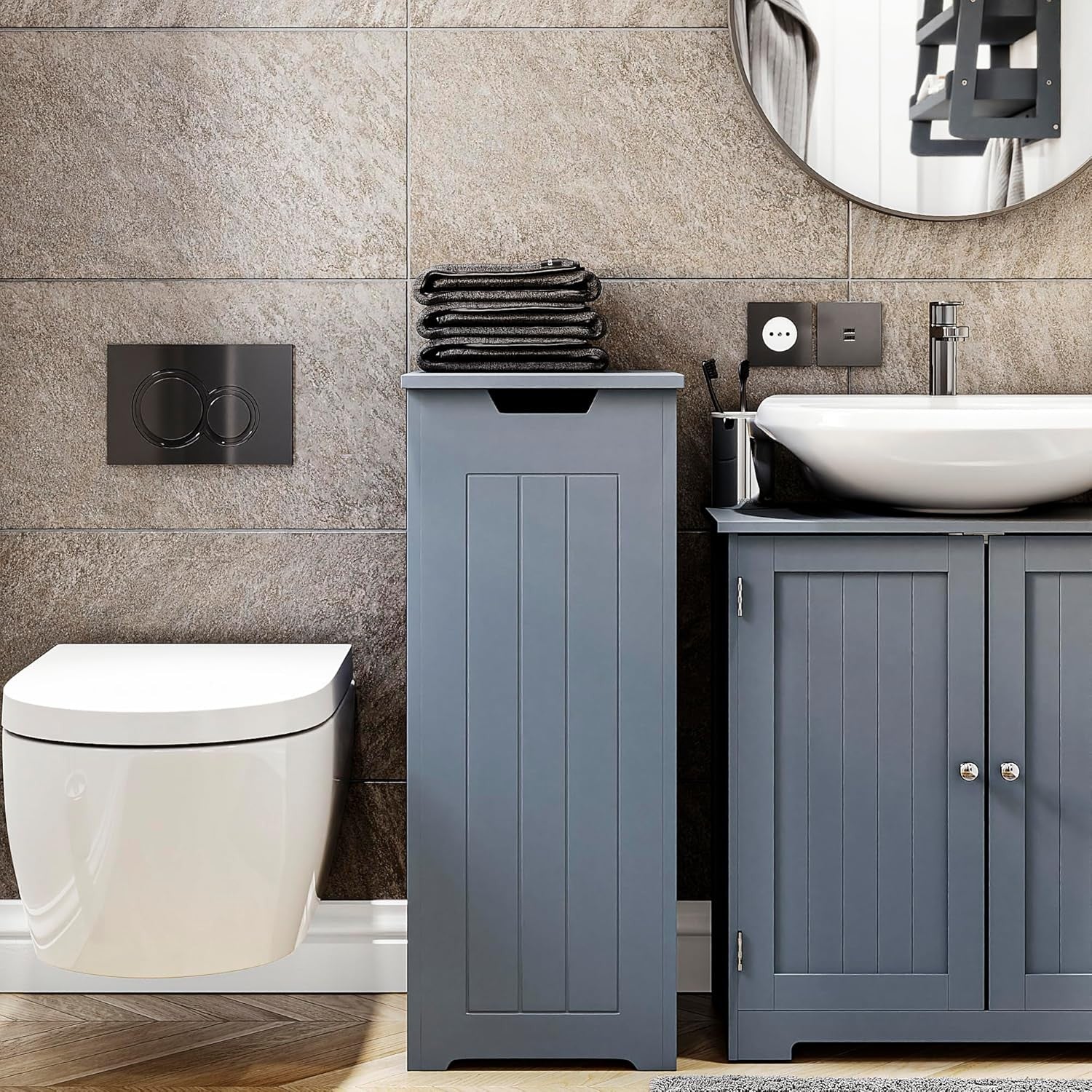 Grey Laundry Hamper Cabinet Slim Bathroom Storage Unit Modern 77x30x30cm