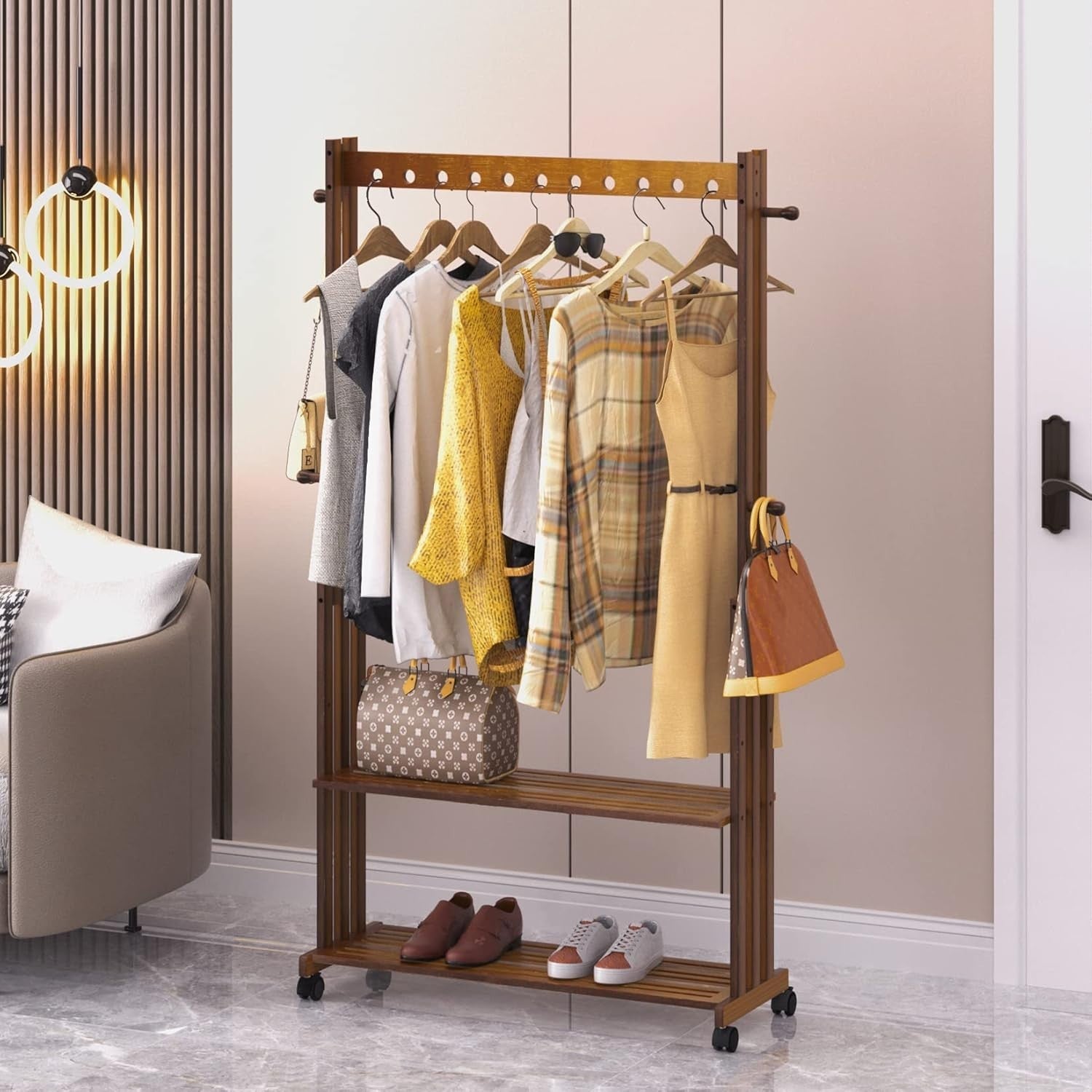 Bamboo Clothes Rack Stand on Wheels – Open Wardrobe with Shelves 90cm