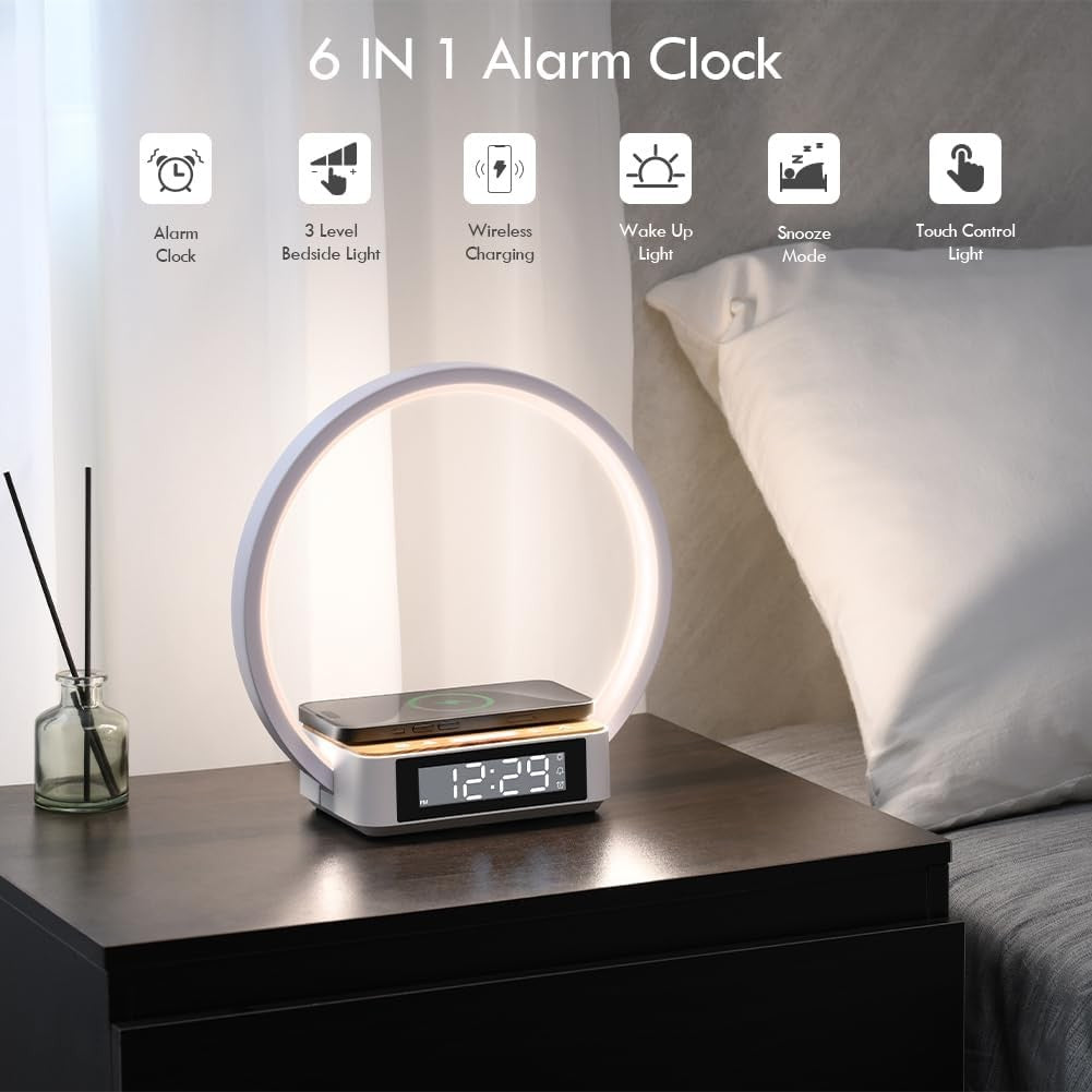 Wireless Charging Alarm Clock Lamp Touch Dimmable Sunrise Wake Light White