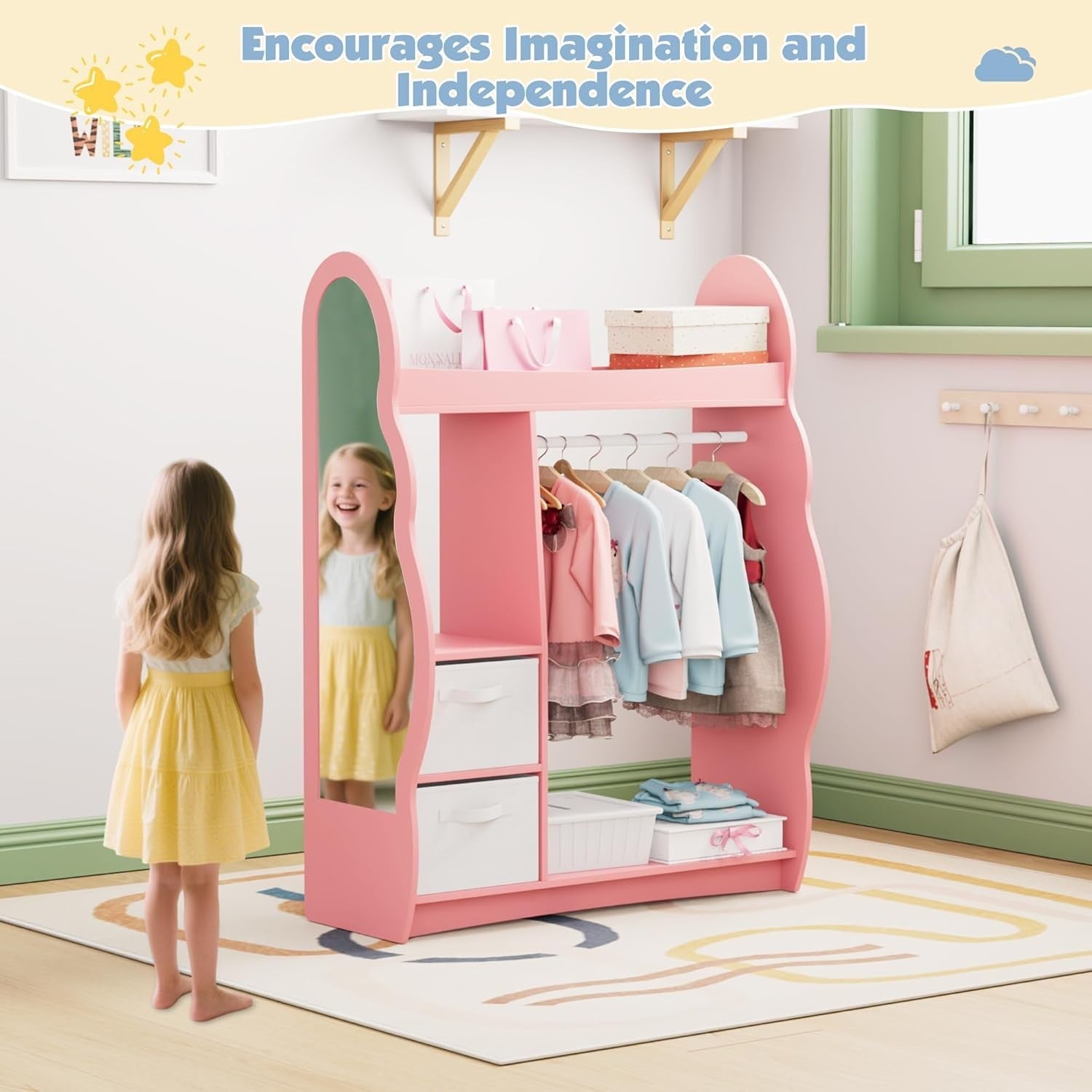 Kids Wardrobe with Mirror, Hanging Rail & 2 Drawers, Pink Cloud Design