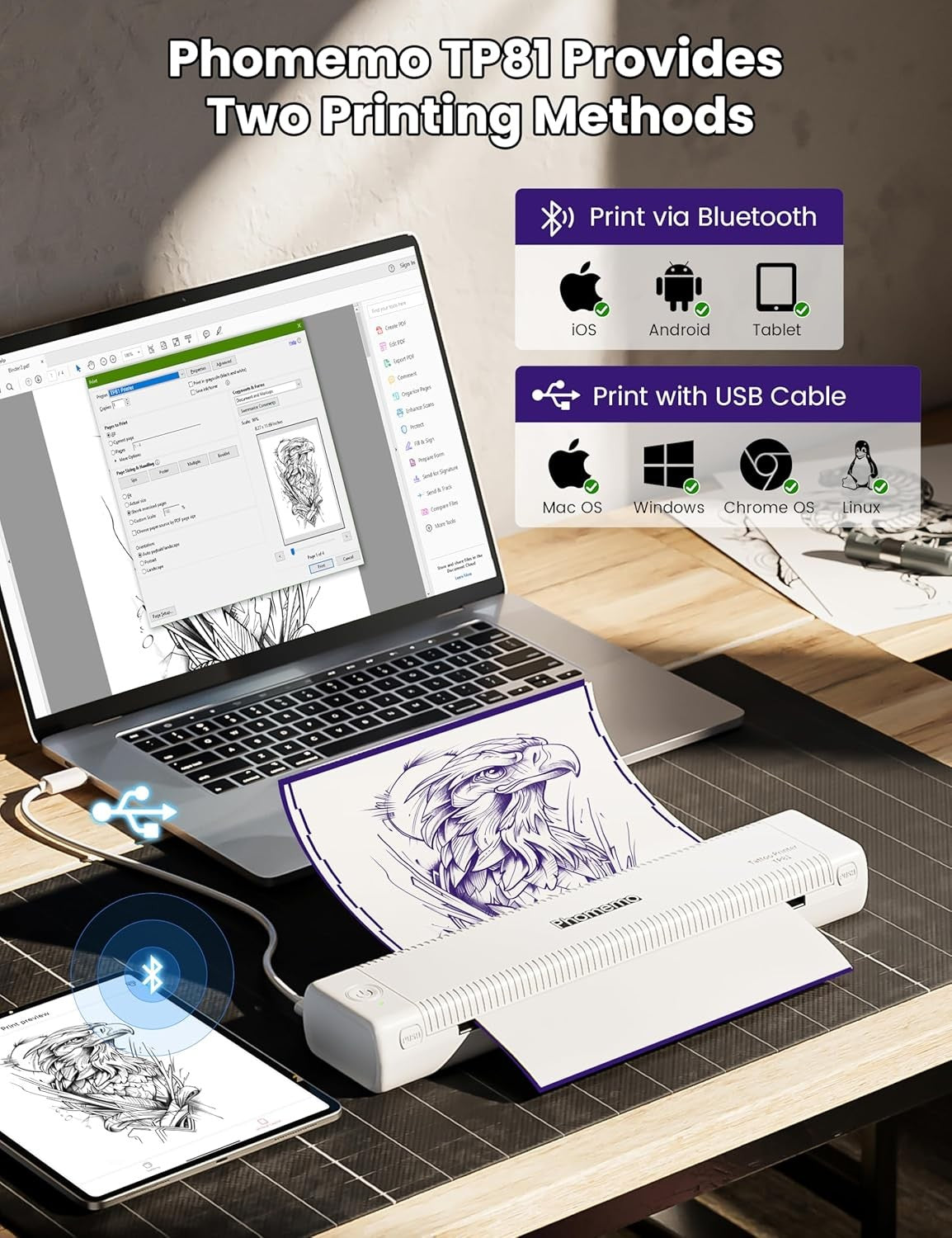 Phomemo TP81 Bluetooth Tattoo Printer Thermal Stencil Machine + 10 A4 Paper