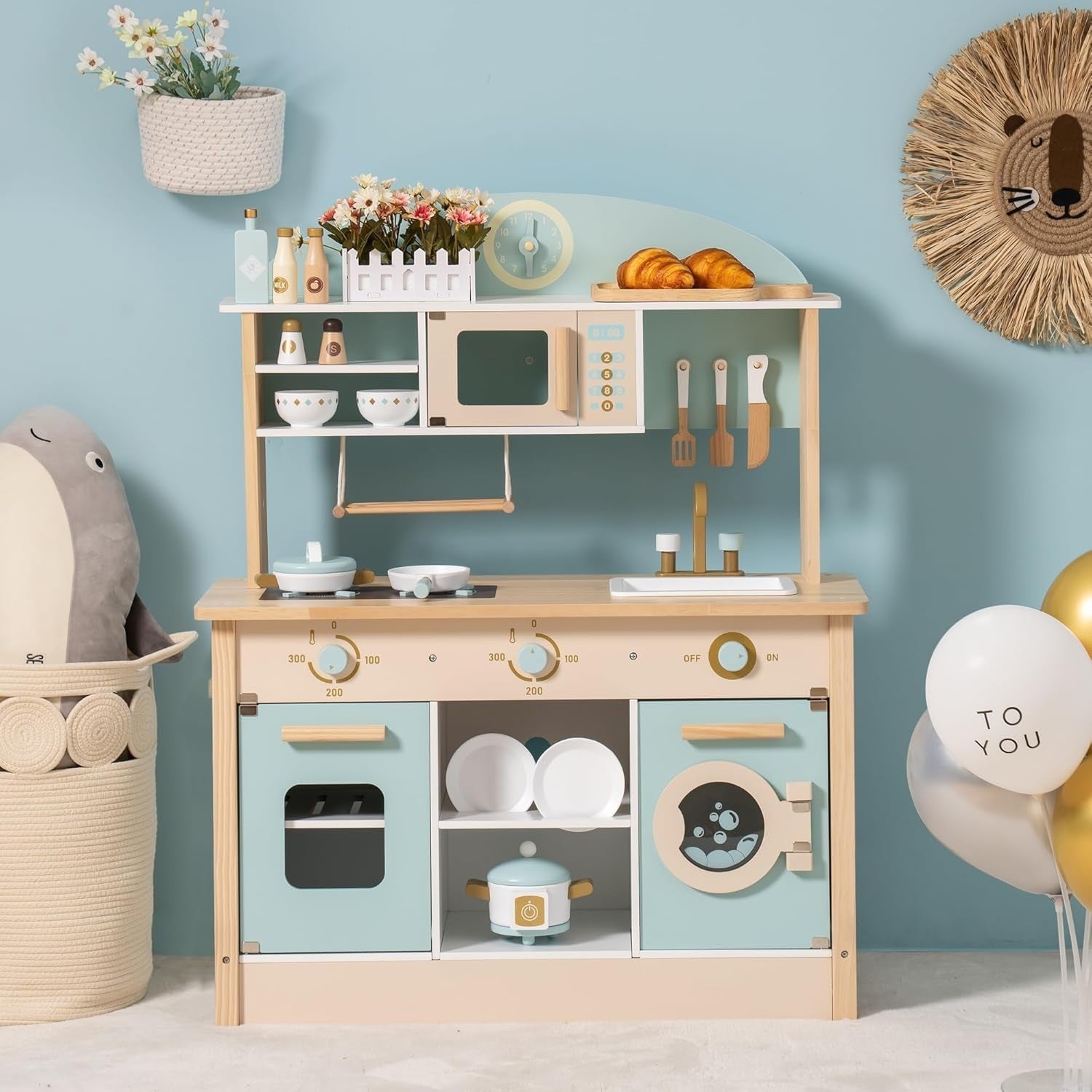 Kids Wooden Play Kitchen Set w/ Oven Microwave Blue Toy Kitchen