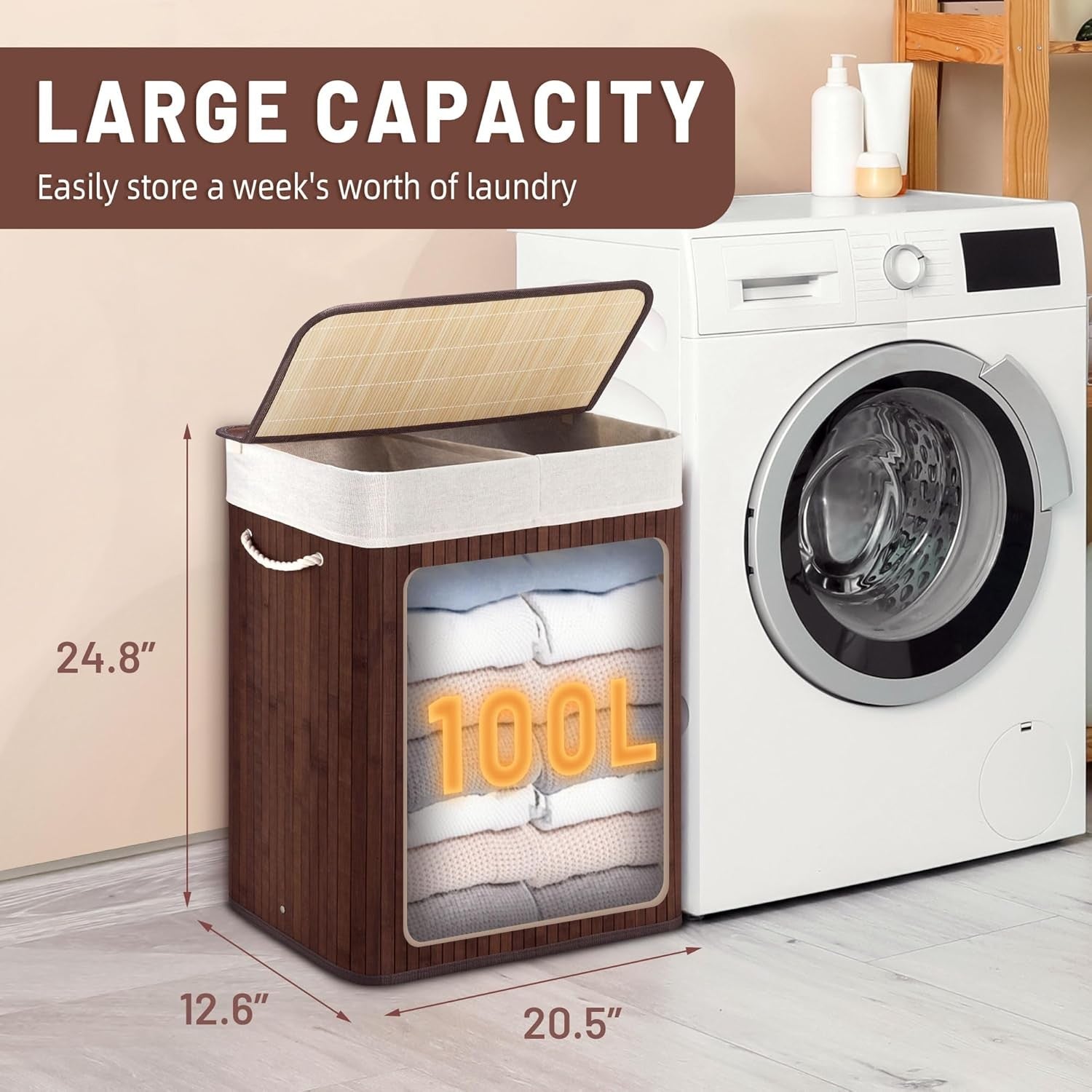 Large 100L Bamboo Laundry Hamper with Lid 2-Section Sorter Basket Brown