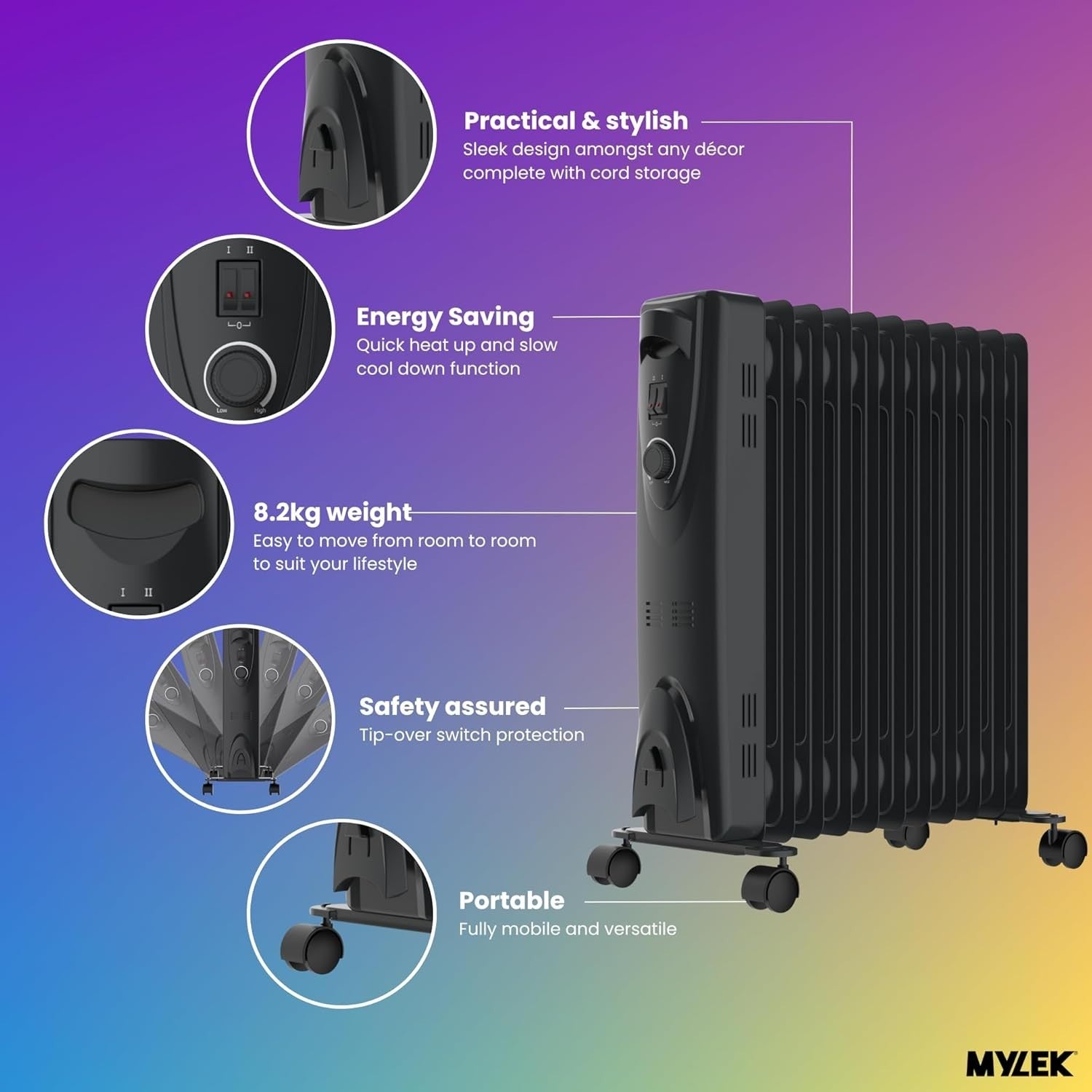 2500W Oil Filled Radiator Heater Portable Electric 3 Heat Settings Thermostat
