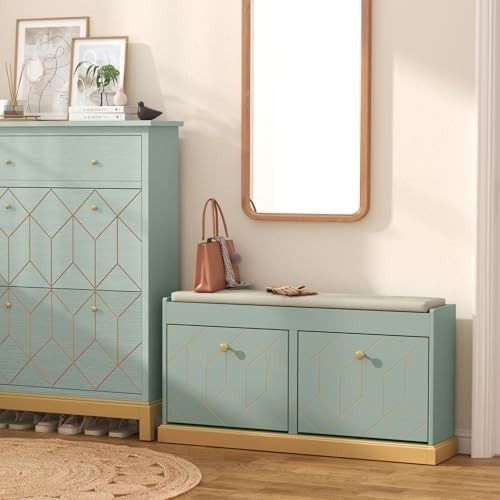 Green Shoe Storage Bench with Cushion & Flip-Drawer for Hallway Entryway